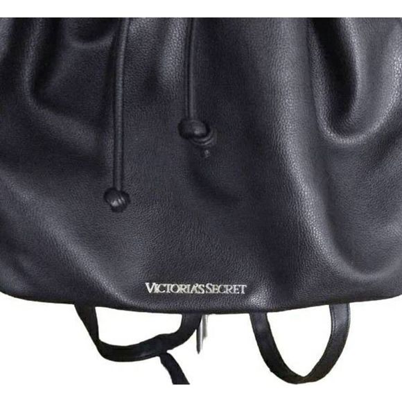 Victoria's Secret Solid Black Faux Pebble Leather Drawstring Backpack Bag - Picture 3 of 16